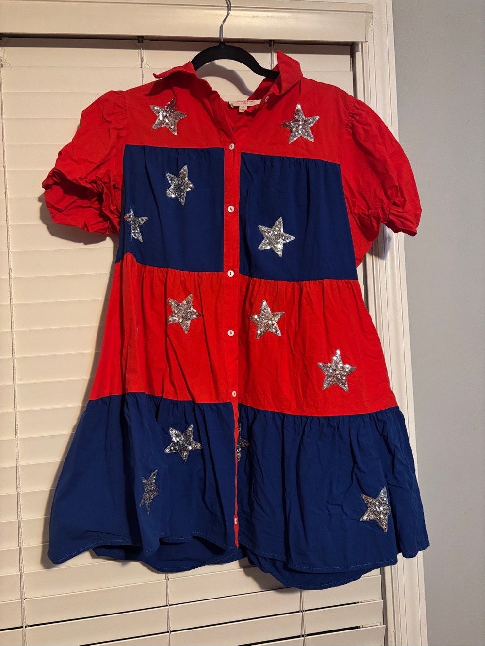 Peach Love Red & Navy Star Patch Button-Down Tiered Dress